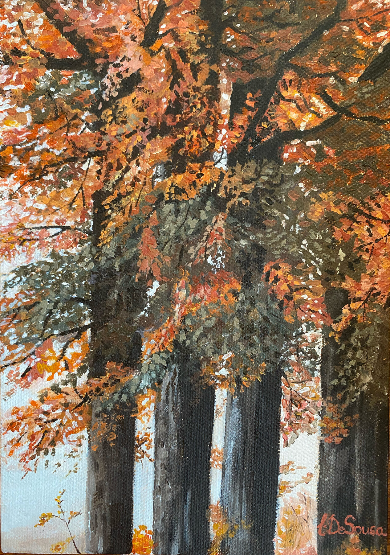 Looking up through autumn forest with vivid orange foliage — oil painting by Liana De Sousa