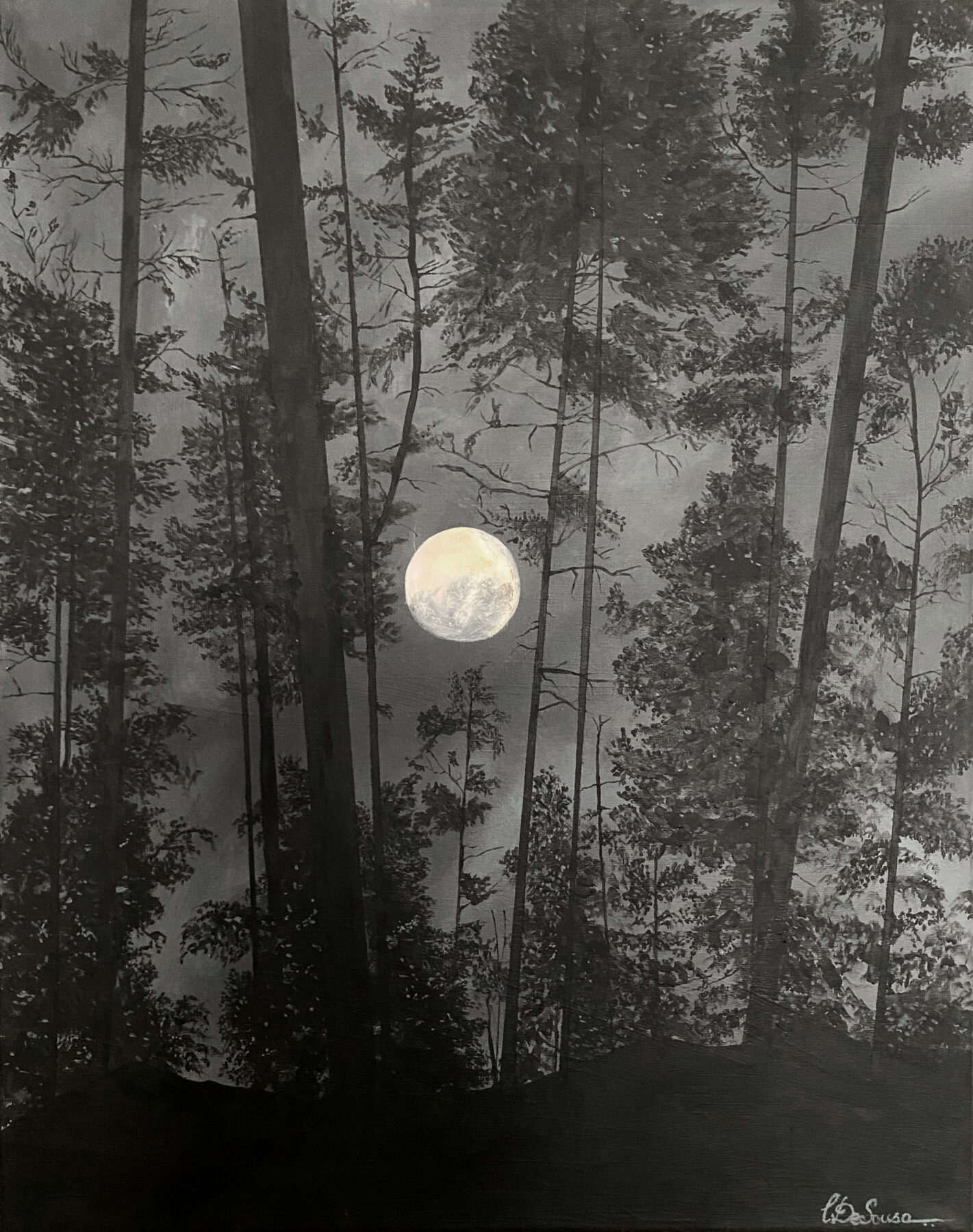 Moonlit forest at night painting
