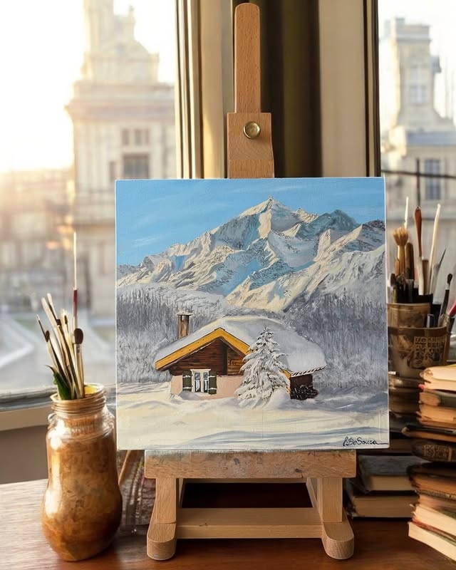 Alpine cabin painting on easel in Liana's Glasgow studio at golden hour