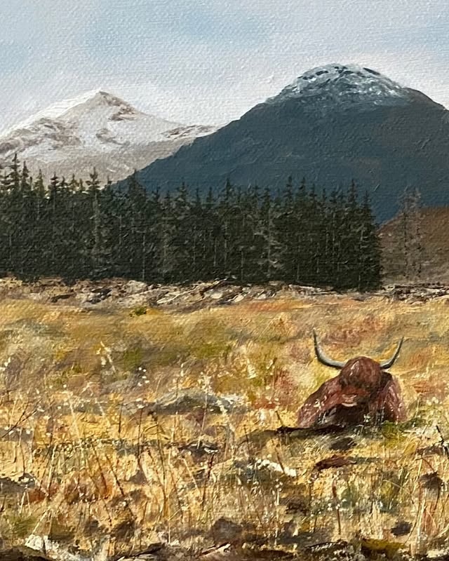 Close-up detail of highland cow oil painting showing brushwork texture