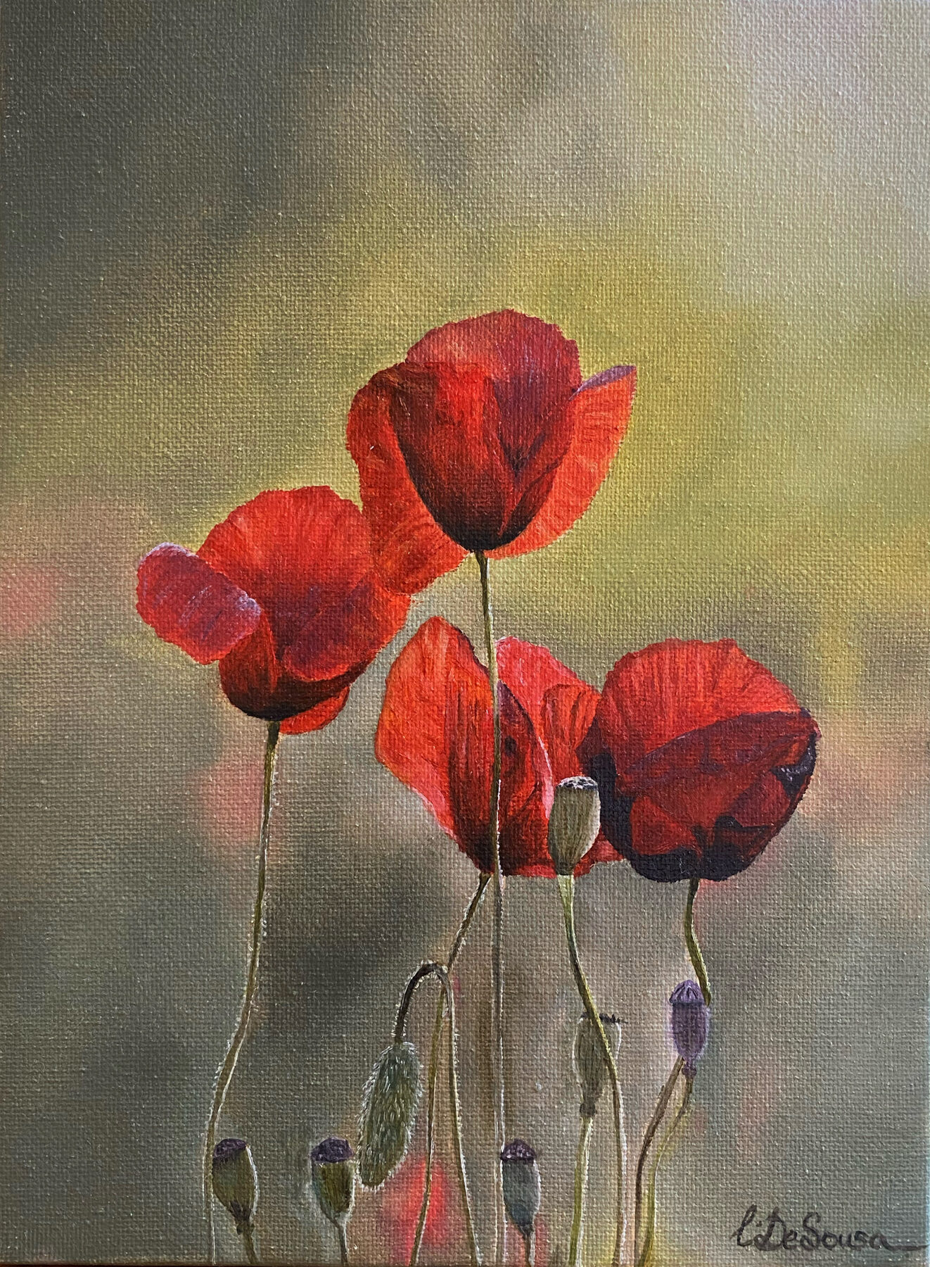 Three red poppies against dark green background — oil painting by Liana De Sousa