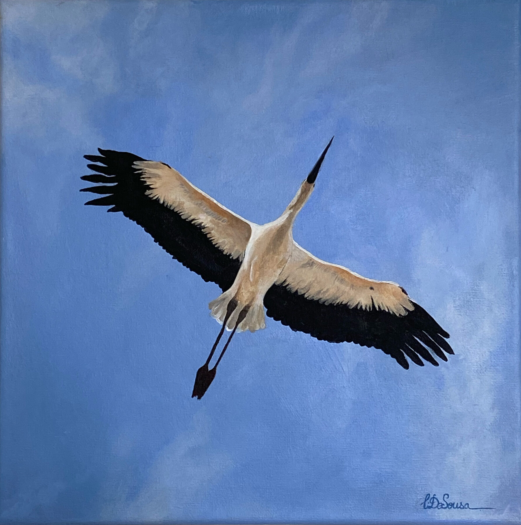 White stork in flight against blue sky — oil painting by Liana De Sousa